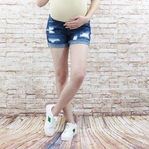 Dark Wash Raw Cuff Destructed Maternity Shorts wit